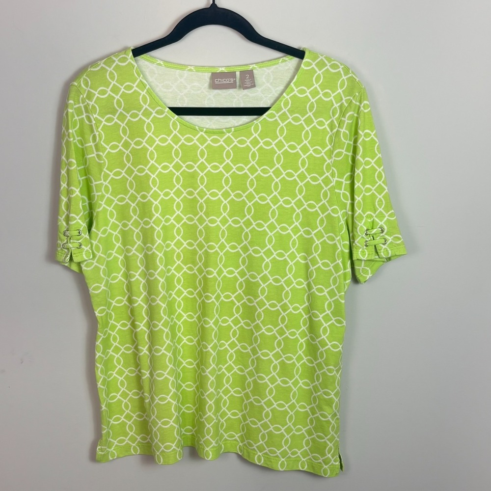 Chico's Womens Green White Nautical Cotton Blend Scoop Neck Tee sz 2/LG Colorful